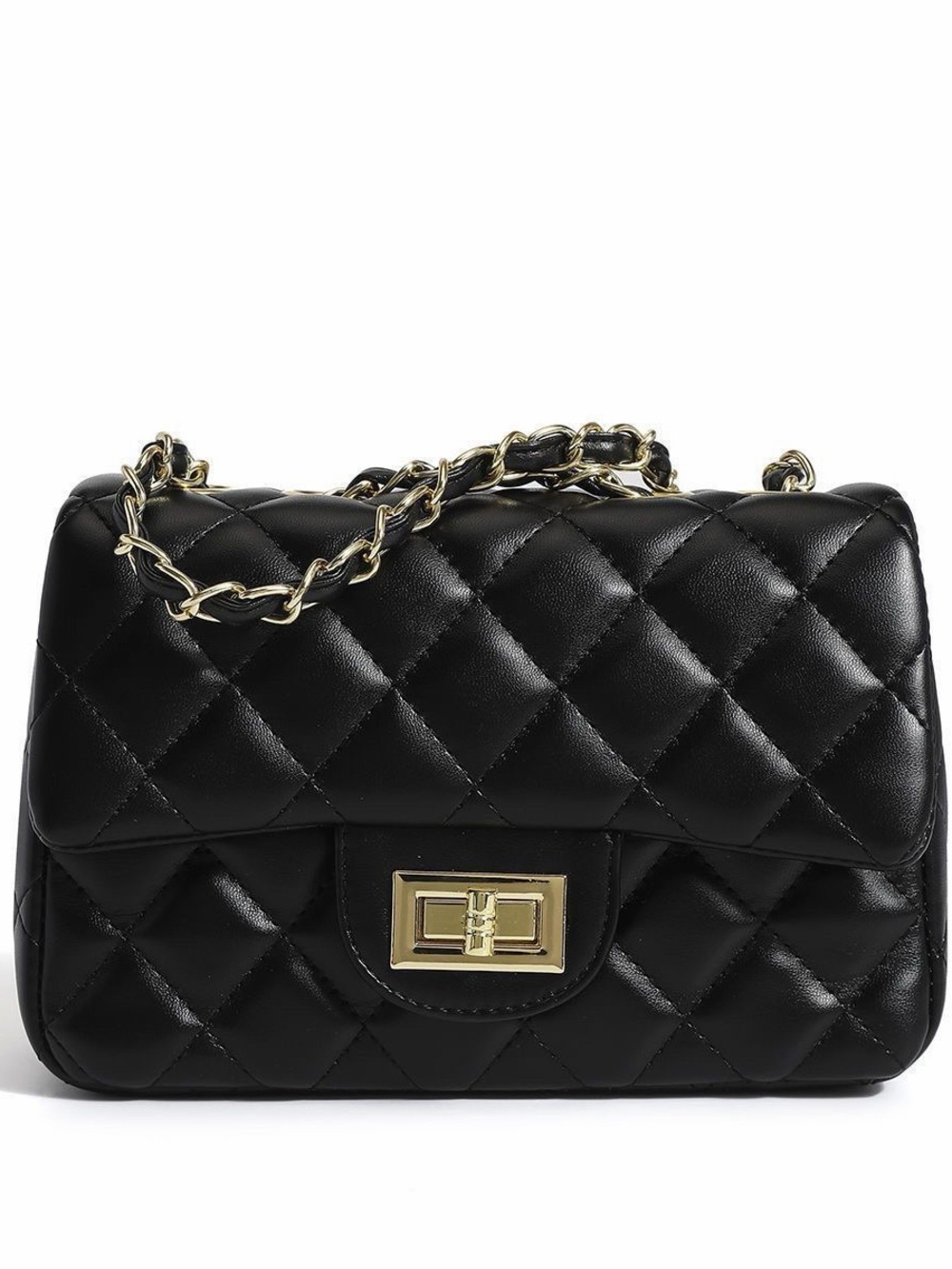 Black Quilted Shoulder Bag with Gold Chain